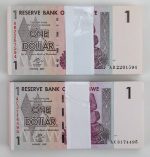 Zimbabwe, 1 dolar 2007. 2 x Paczka bankowa 100 szt. (852)