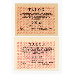 Talony makulaturowe, woj. radomskie 200 złotych, poddruk czerwony. Dwa różne. Zestaw 2 szt. (1038)