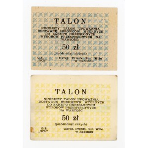 Talony makulaturowe, woj. radomskie 50 złotych, poddruk niebieski i żółty. Zestaw 2 szt. (1039)