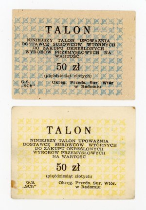 Recycled paper talons, Radom province 50 zloty, blue and yellow subprint. Set of 2 pcs. (1039)
