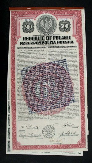 6% Pożyczka Dolarowa 1920, skonwertowana na 4,5%, obligacja 500 dolarów (998)