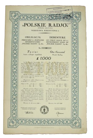 Polskie Radio S.A., 8% pożyczka inwestycyjna, obligacja 1.000 funtów. Rzadkość (999)