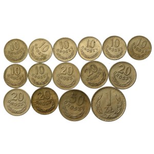 PRL, zestaw 10, 20, 50 groszy i 1 złoty 1949. Razem 15 szt. (681)