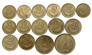People's Republic of Poland, set of 10, 20, 50 pennies and 1 zloty 1949. total 15 pieces. (681)