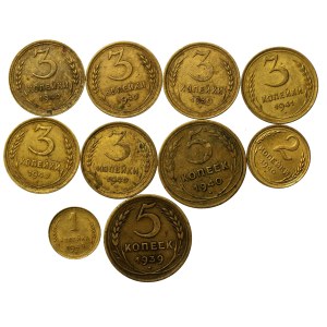 Rosja, ZSRR, zestaw 1, 2, 3 i 5 kopiejek 1939-1949. Razem 10 szt. (804)