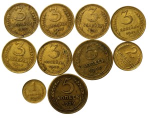 Rosja, ZSRR, zestaw 1, 2, 3 i 5 kopiejek 1939-1949. Razem 10 szt. (804)