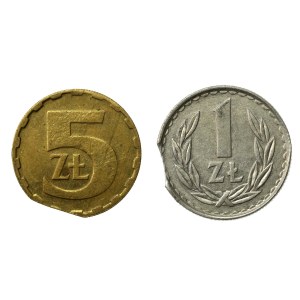 PRL, 1 złoty 1885 i 5 złoty 1986. Dwa destrukty (808)