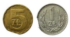 PRL, 1 zloty 1885 and 5 zloty 1986. two destructs (808)