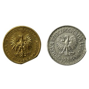 PRL, 1 złoty 1885 i 5 złoty 1986. Dwa destrukty (808)