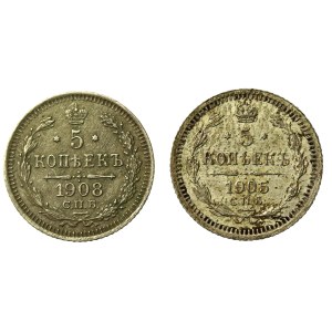 Rosja, Mikołaj II, zestaw 5 kopiejek 1905-1908. Razem 2 szt. (809)