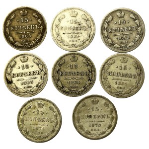 Rosja, Aleksander II, zestaw 15 kopiejek 1861-1871. Razem 8 szt. (810)