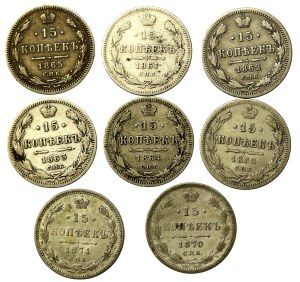 Rosja, Aleksander II, zestaw 15 kopiejek 1861-1871. Razem 8 szt. (810)