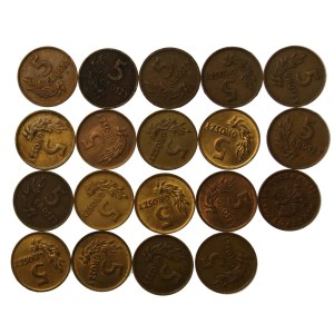 PRL, zestaw 5 groszy 1949. Razem 19 szt. (822)