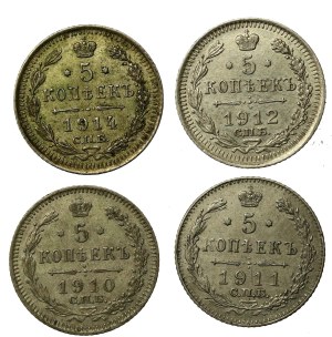 Rosja, Mikołaj II, zestaw 5 kopiejek 1910-1914. Razem 4 szt. (827)