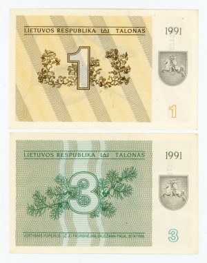 Lithuania, 1 and 3 Talonas 1991. total of 2 pcs. (364)