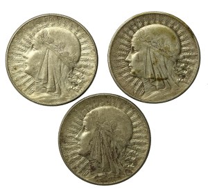 II RP, set of 10 gold 1932, Head of a Woman. Total of 3 pcs. (848)
