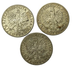 II RP, set of 10 gold 1932, Head of a Woman. Total of 3 pcs. (848)