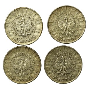 II RP, zestaw 5 złotych 1935-1936 Piłsudski. Razem 4 szt. (850)