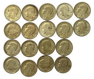 II RP, 2 gold 1932-1934 Head of a Woman. Total of 18 pieces. (851)