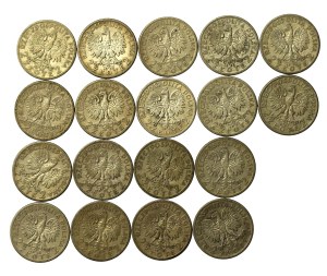 II RP, 2 gold 1932-1934 Head of a Woman. Total of 18 pieces. (851)
