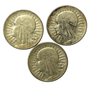 II RP, set of 10 gold 1932, Head of a Woman. Total of 3 pcs. (852)