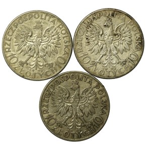 II RP, set of 10 gold 1932, Head of a Woman. Total of 3 pcs. (852)