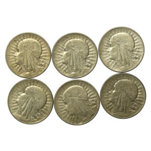 II RP, zestaw 5 złotych 1933-1934 Głowa Kobiety. Razem 6 szt. (853)