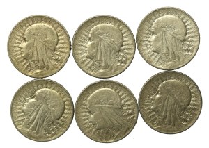 II RP, set of 5 gold 1933-1934 Head of a Woman. 6 pieces total. (853)