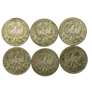 II RP, zestaw 5 złotych 1933-1934 Głowa Kobiety. Razem 6 szt. (853)
