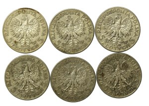 II RP, set of 5 gold 1933-1934 Head of a Woman. 6 pieces total. (853)