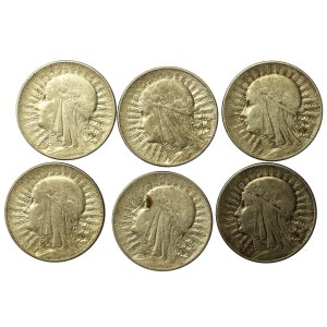 II RP, zestaw 5 złotych 1933-1934 Głowa Kobiety. Razem 6 szt. (854)