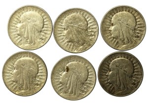 II RP, set of 5 gold 1933-1934 Head of a Woman. 6 pieces total. (854)