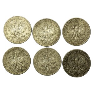 II RP, zestaw 5 złotych 1933-1934 Głowa Kobiety. Razem 6 szt. (854)