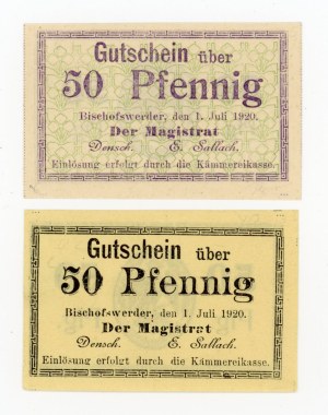 Biskupiec/Bischowswerder, 50 fenig 1920, two varieties. 2 pieces total. (394)