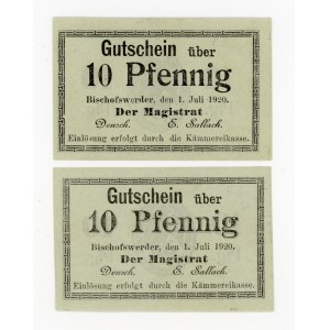 Biskupiec/Bischowswerder, 10 fenigów 1920. Dwie odmiany. Razem 2 szt. (396)