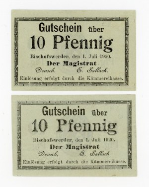 Biskupiec/Bischowswerder, 10 fenig 1920, two varieties. 2 pieces total. (396)