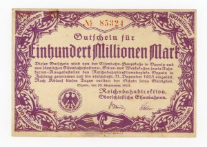 Opole/Oppeln, Reichsbahndirektion, 100 million marks 1923 (1076)