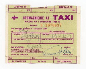 Fuel supply card for TAXI, 1st half 1986. incomplete. Rarity (1090)