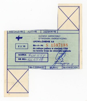 Fuel supply card for TAXI, 2 x 15 l. 1st half 1985. incomplete (1091)