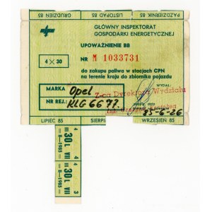 Kartka zaopatrzeniowa na paliwo dla TAXI, 4 x 30 l. 2 półrocze 1985. Niekompletna (1092)