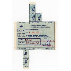 Kartka zaopatrzeniowa na paliwo dla TAXI, 4 x 30 l. 1 półrocze 1985 (1095)