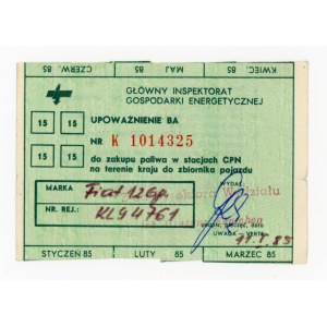 Kartka zaopatrzeniowa na paliwo dla TAXI, 4 x 15 l. 1 półrocze 1985. Niekompletna (1096)