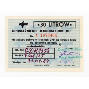 Kartka zaopatrzeniowa na paliwo, jednorazowa na 30 l. w d. 31.I.1984 (1101)