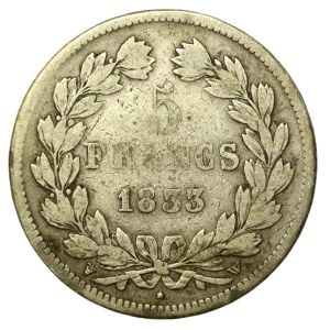 Francja, Ludwik Filip I, 5 franków 1833, Lille (935)