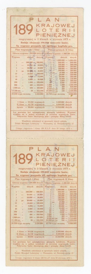 189 National Money Lottery, Cracow 1973 1st and 2nd class. Total of 2 pcs. (1252)