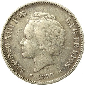 Spain, Alfonso XIII, 5 pesetas 1893 PGL (685)