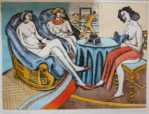 Czeslaw Tumielewicz (b.1942) Reading Poetry, dry-etch with watercolor