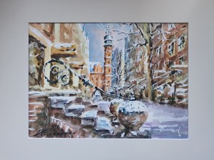 Krzysztof Suchomski, Mariacka in Winter, watercolor on paper
