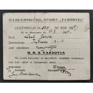 [Harcerstwo] Legitymacja sportowa H.K.S. VARSOVIA. Warszawa [1925]