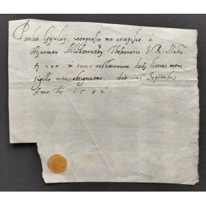 [SKARB KORONNY] DZINLAI (Ginlay) Paulus - Kwit wypłacenia na ręce Hiacynta [Jacka] MŁODZIEJOWSKIEGO h. Ślepowron [1582]